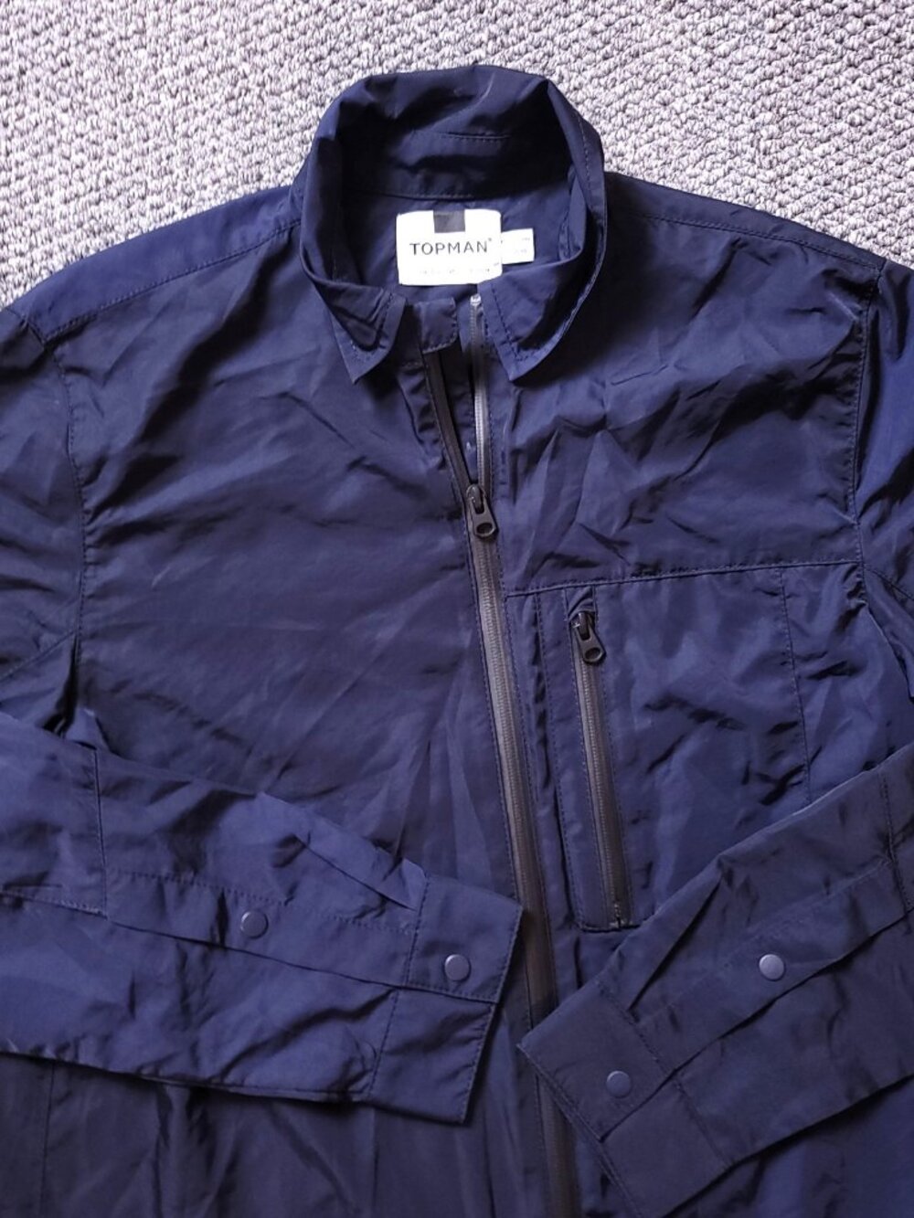 TOPMAN Jacket Mens M Medium  Zip Up Polyester Blue Snap Buttons Casual Pockets
